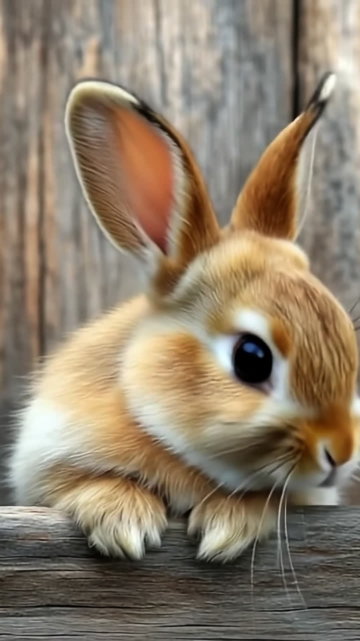 Cute rabbit resting on wooden surface. A fluffy rabbit with big ears leans over a log in a rustic setting, showcasing its curiosity and gentle demeanor.