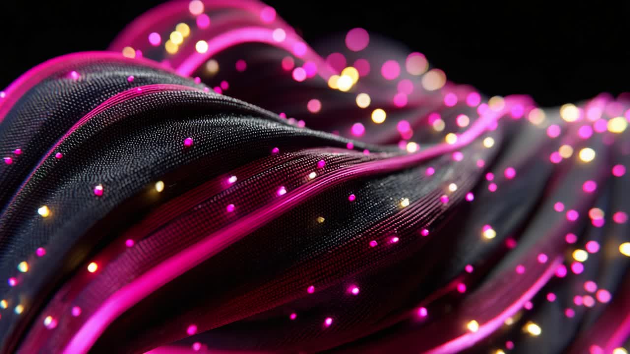 Mesmerizing Waves of Colorful Fabric: An Abstract Display of Pink and Yellow Dots Dancing Across a Black Textile Surface Captured in Stunning Detail, Showing the Fluidity and Movement of the Material