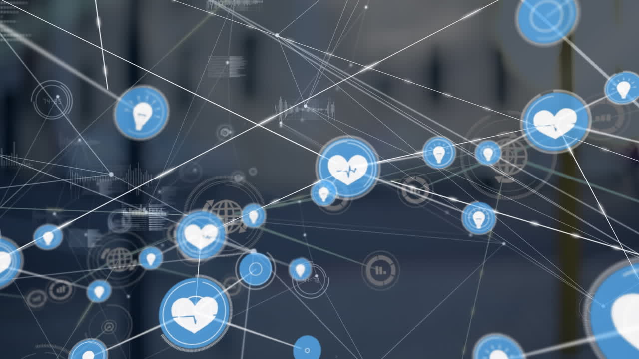 도시의 거리에서 움직이는 자동차 위의 선과 연결되는 여러 아이콘의 애니메이션