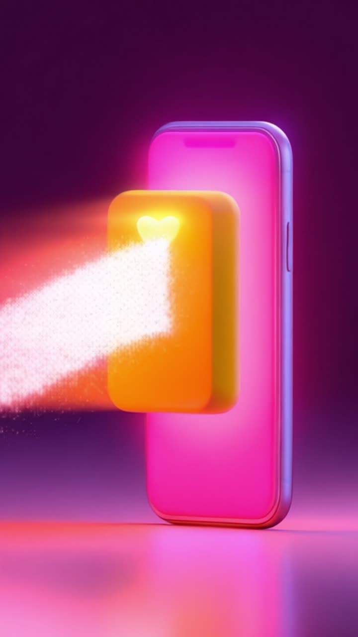 Uno sguardo creativo all'amore digitale: un telefono che mostra un cuore che emette scintille su uno sfondo sfumato vibrante di tonalità rosa e viola