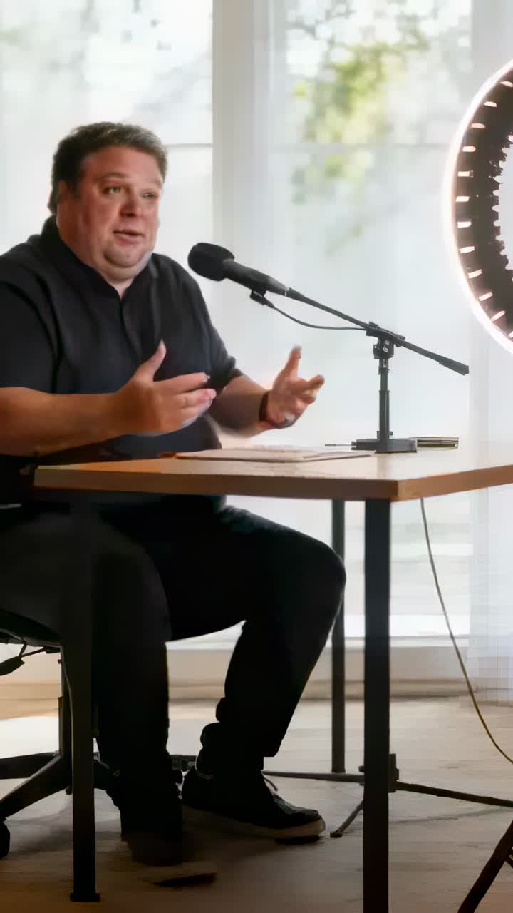 Vertical video: Mic cueing man in black tee explaining gesturing in studio with ring light, phone