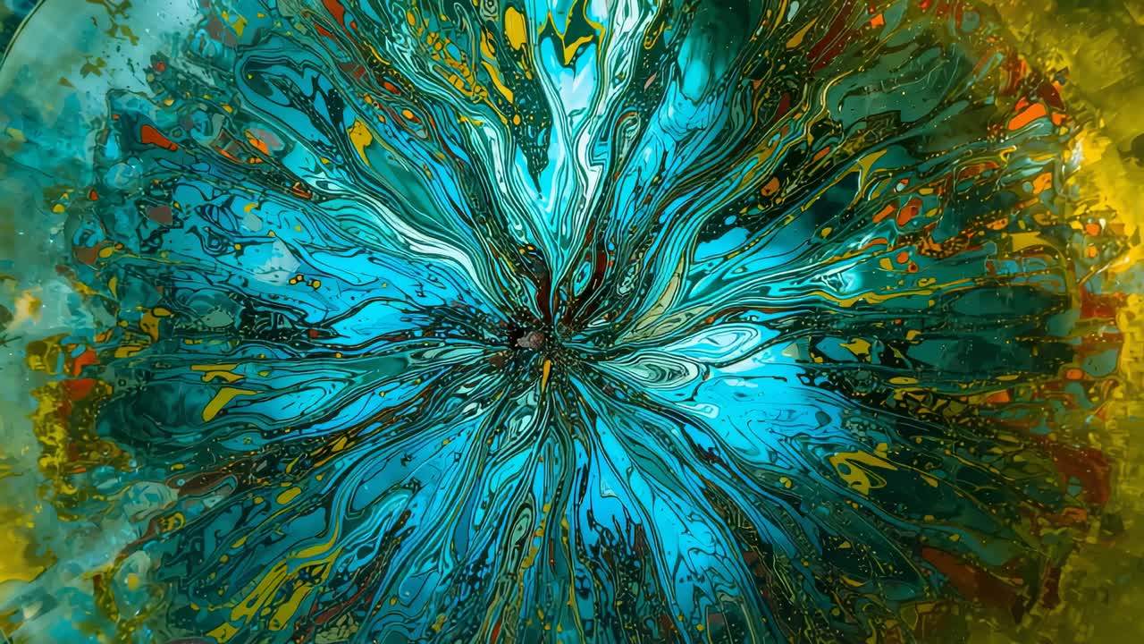 Displaying swirling paint shifting on circular canvas in studio showing fluid settling from tilting