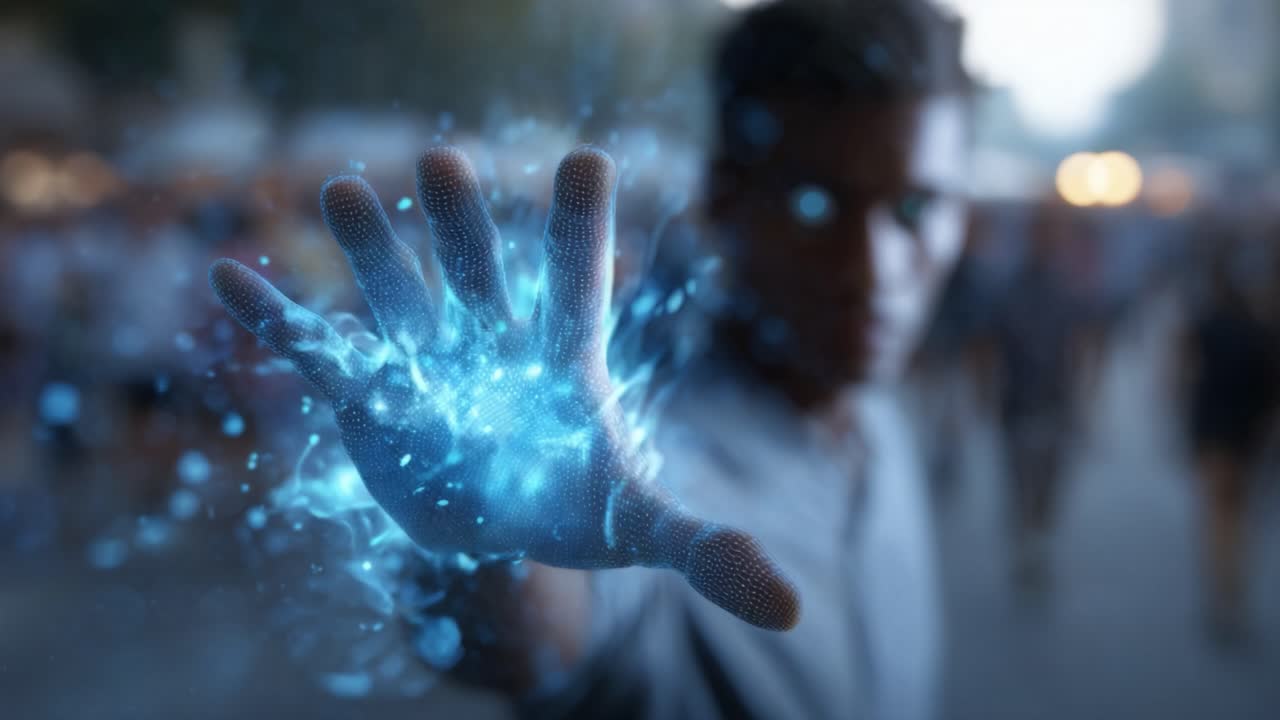 Un giovane sta in piedi con sicurezza con una mano tesa, incanalando energia potente mentre una vibrante luce blu emana dal suo palmo in un vivace ambiente urbano.