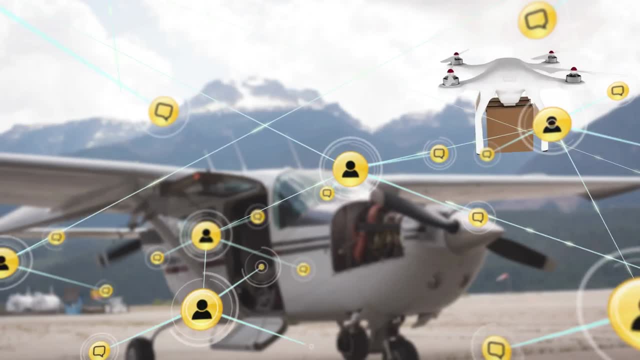 패키지와 함께 배달 드론을 통해 아이콘과 연결 네트워크의 애니메이션