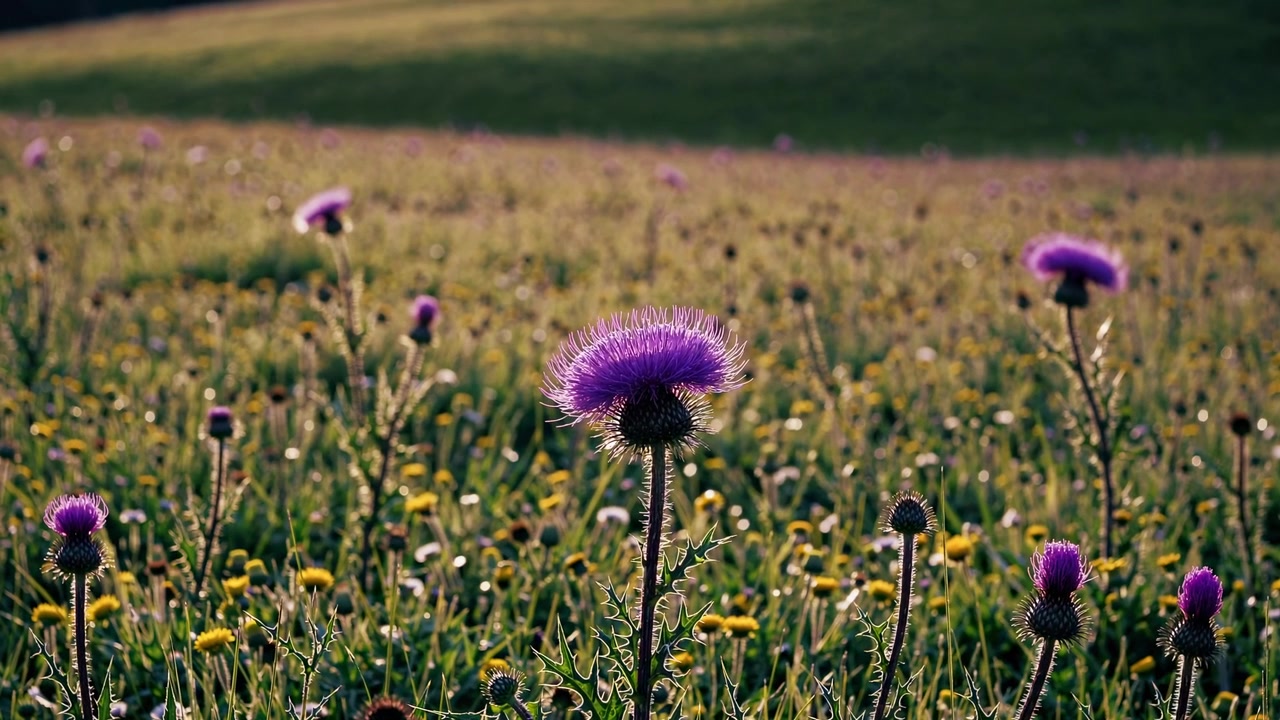 Primo piano di un fiore di cardo viola in un prato soleggiato