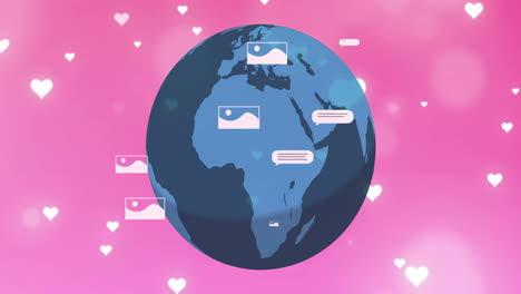 animation of message boxes, pictures and falling heart shape with globe over pink background