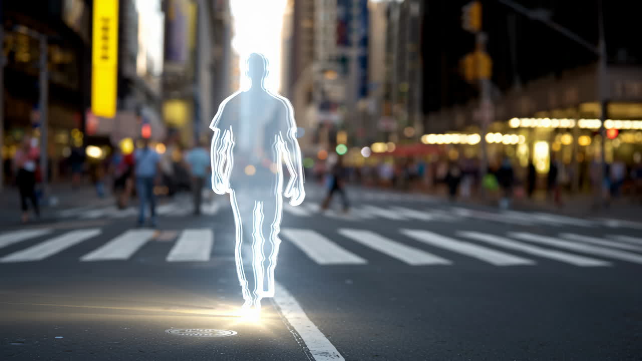 Strolling a bustling city street. A ghostly figure walks down a bustling street, surrounded by crowds and vibrant city lights at dusk
