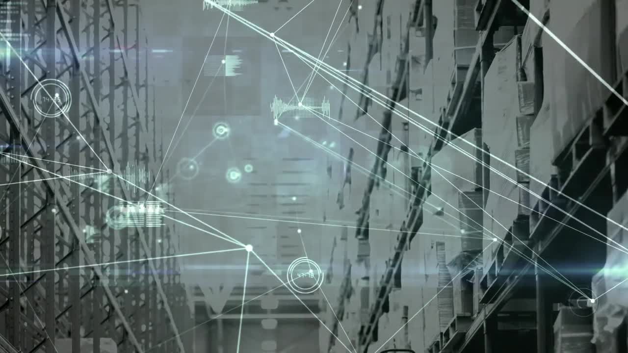 animación de la red de conexiones sobre estantes en el almacén