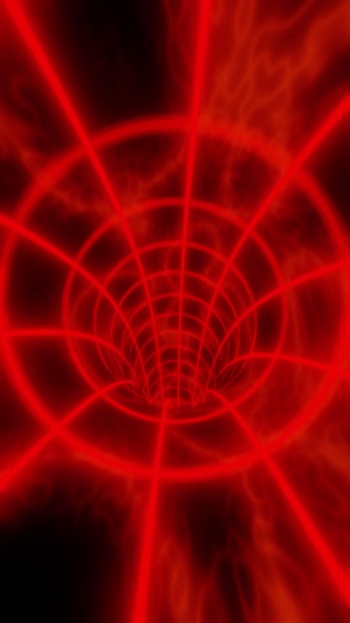 Red color animation loop with glowing lights. Interdimensional tunnel background 3d