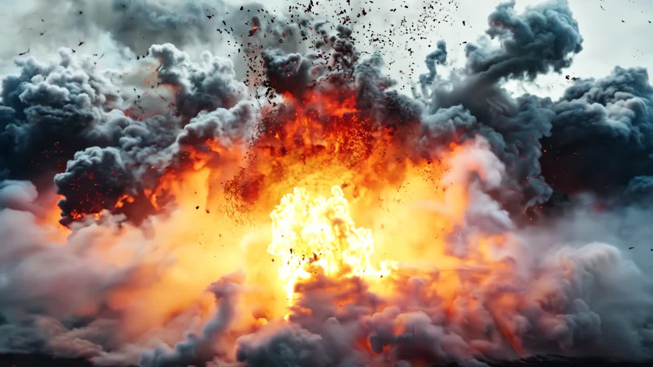 A large explosion is depicted in the image, with a lot of smoke and debris flying through the air. The scene is intense and chaotic, with the explosion leaving a trail of destruction in its wake