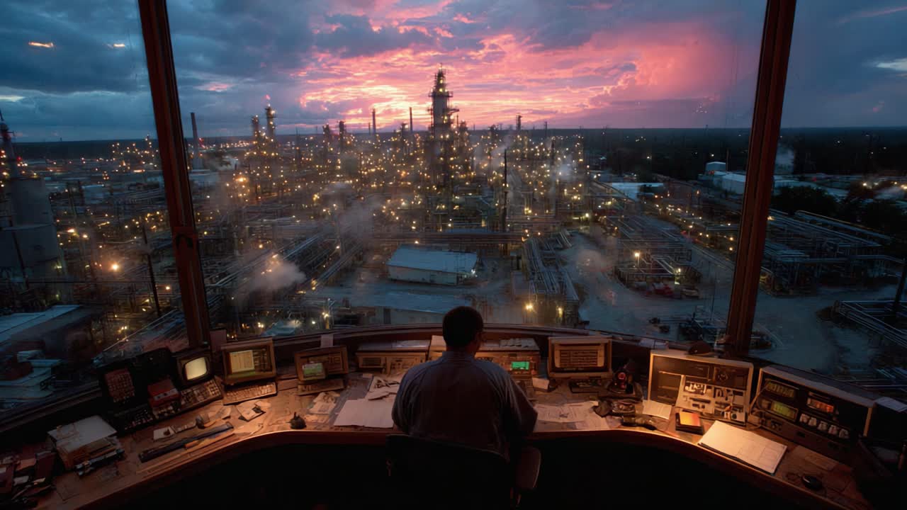 Vue captivante depuis la salle de contrôle au crépuscule : un opérateur supervise les opérations d’une installation industrielle illuminée par un magnifique coucher de soleil.
