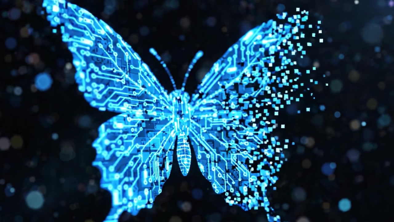 A Visual Exploration of Digital Transformation: A Butterfly Symbolizing Change Merges with Dynamic Particles in a Mesmerizing Display of Technology and Nature
