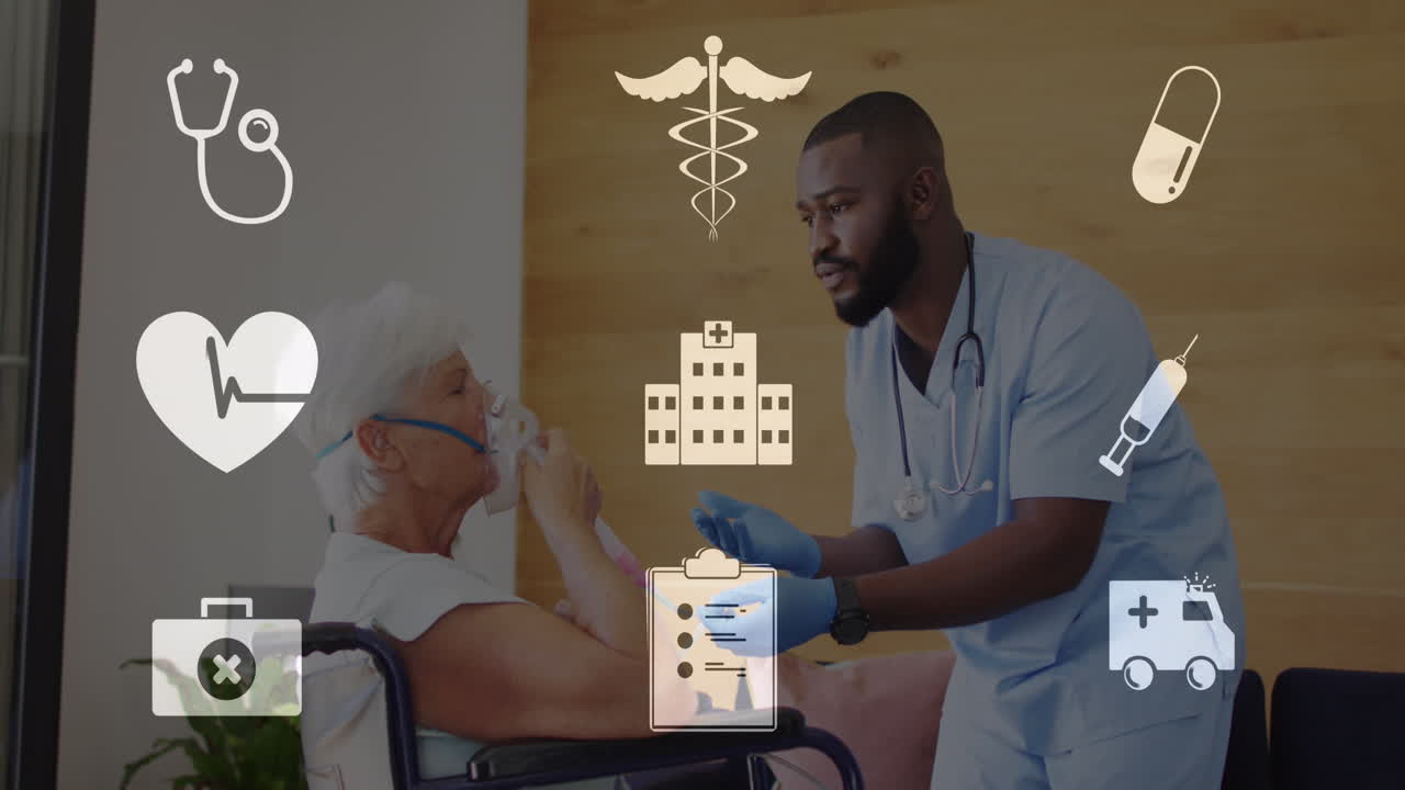 Animation d'icônes médicales au-dessus d'un professionnel de la santé masculin diversifié aidant une patiente âgée à respirer.