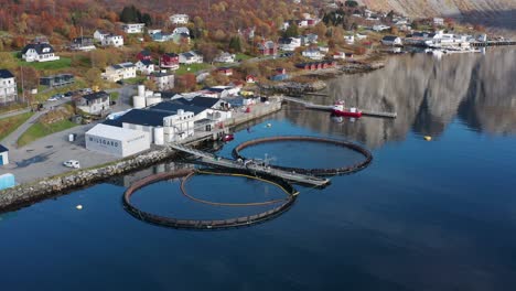 Vista-Aérea-De-La-Pequeña-Granja-De-Salmón-Con-Dos-Corrales-En-El-Pueblo-De-Torsken,-Noruega