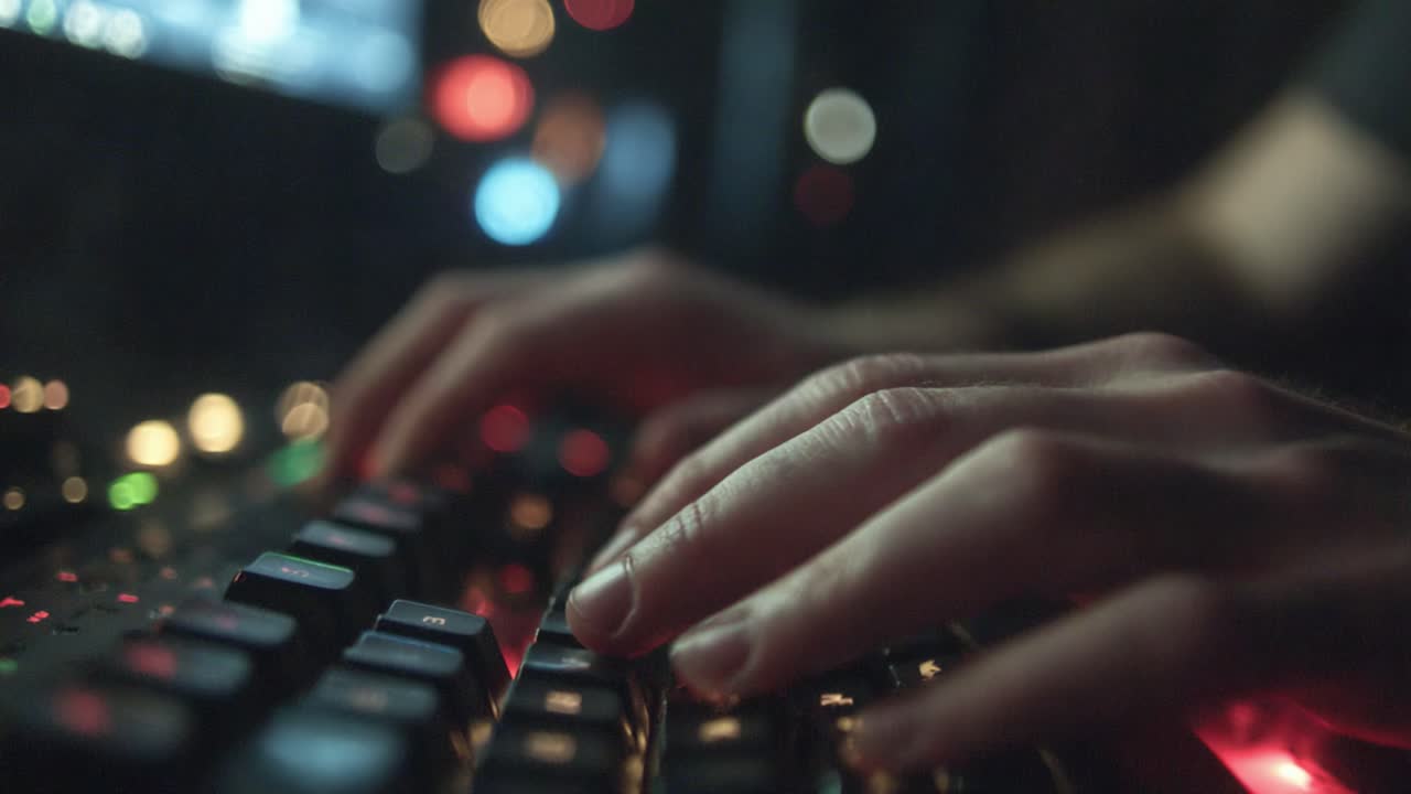 Focused Hands Typing on a Keyboard in a Dimly Lit Environment, Capturing the Intensity and Engagement of Computer Interaction
