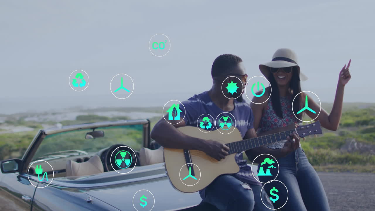 tocar la guitarra y bailar, pareja en descapotable sobre iconos de sostenibilidad animación