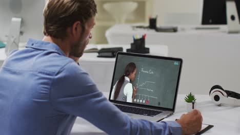 Caucasian-male-student-using-laptop-on-video-call-with-female-teacher,-making-notes