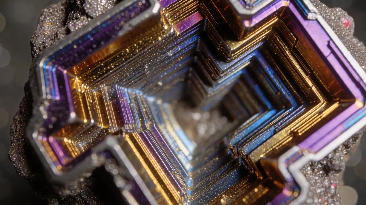 Zooming camera moving toward stepped metallic crystal on table revealing cavity and iridescent hues
