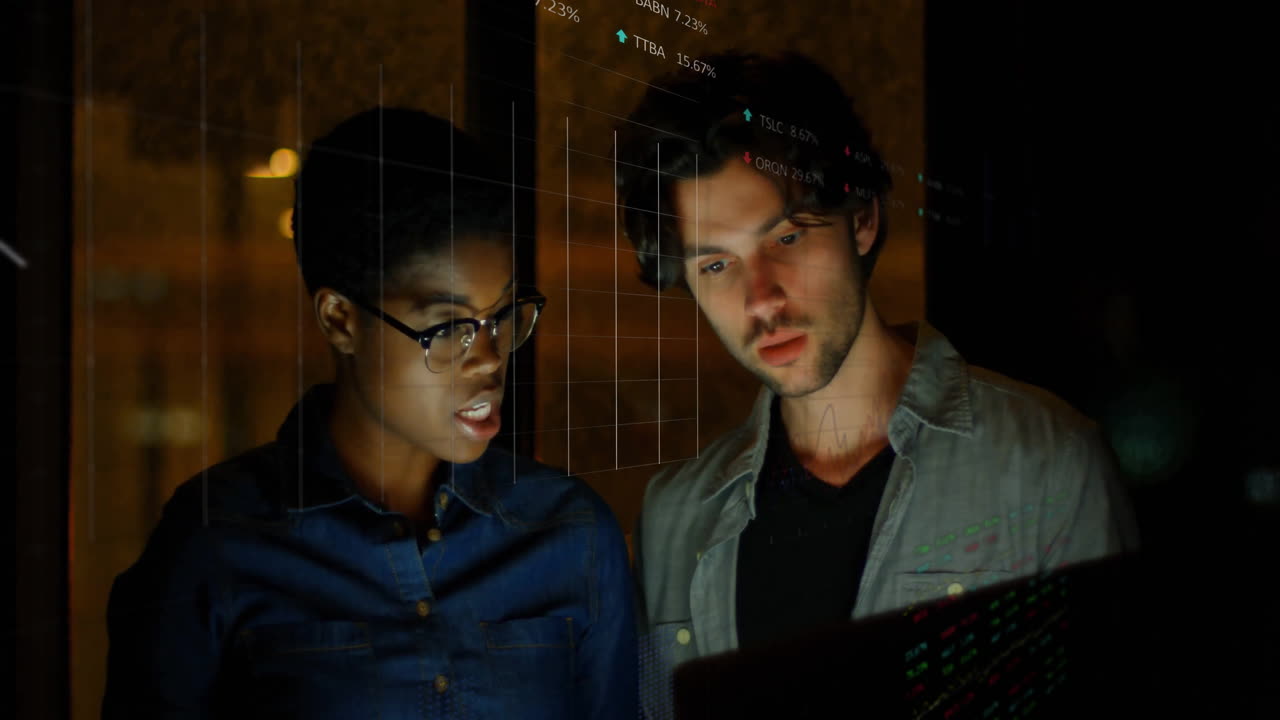 Animation of financial data processing over diverse business people in office