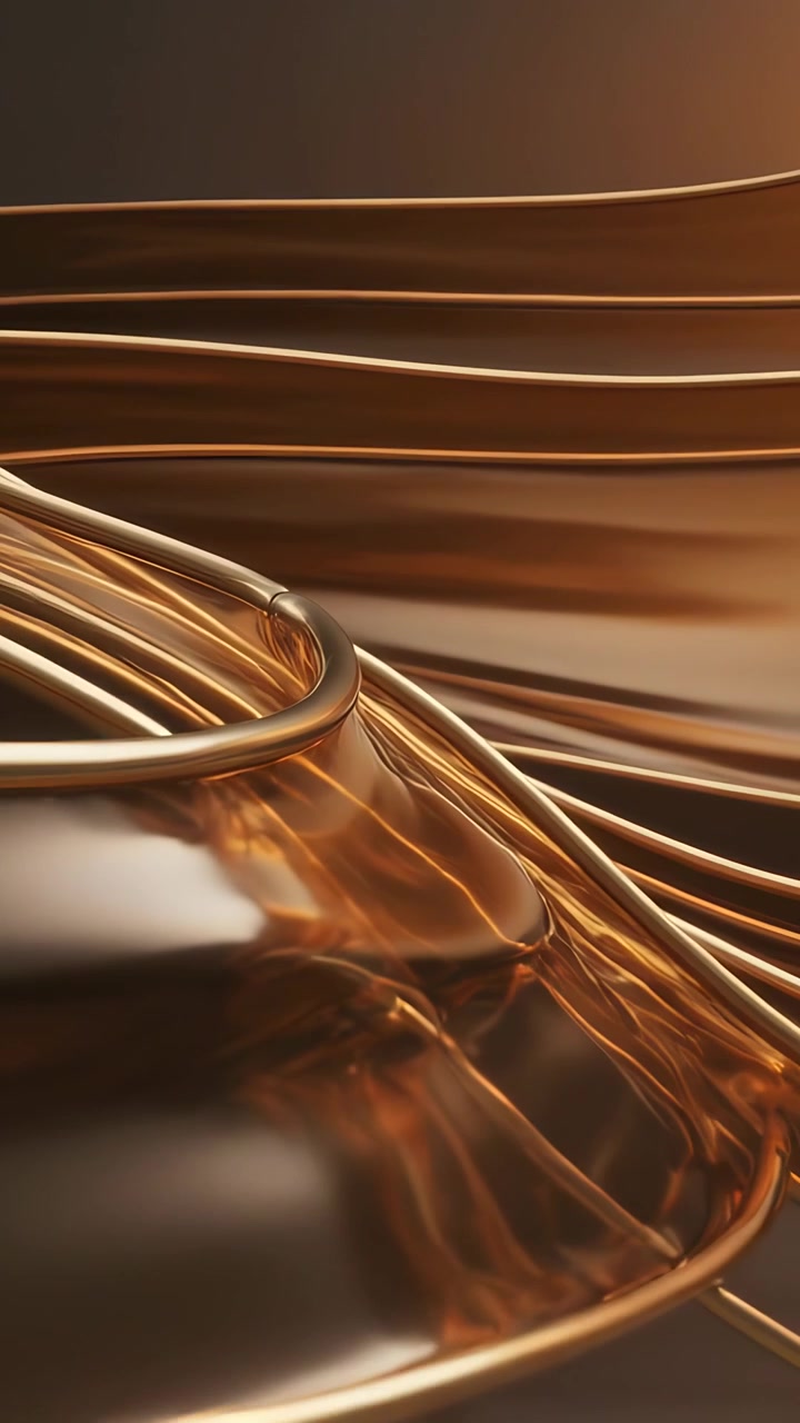 Video verticale: Telecamera che si allontana mostrando aste d'oro curve sopra una base lucida in un set che espone strati.