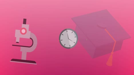 Animation-of-coloured-school-related-icons-falling-and-disappearing-on-pink-background