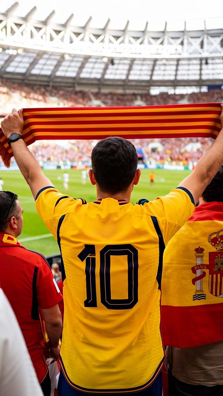 Video verticale: Telecamera che si allarga nello stadio, tifoso con maglia gialla numero 10 che tiene una sciarpa sopra la testa, facendo il tifo.