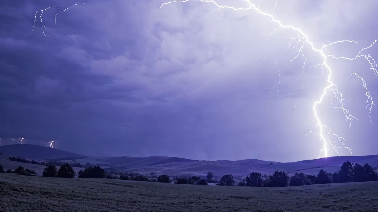 En dramatisk vidvinkelvideooptagelse indfanger en stormfuld nattehimmel med levende lyn der oplyser