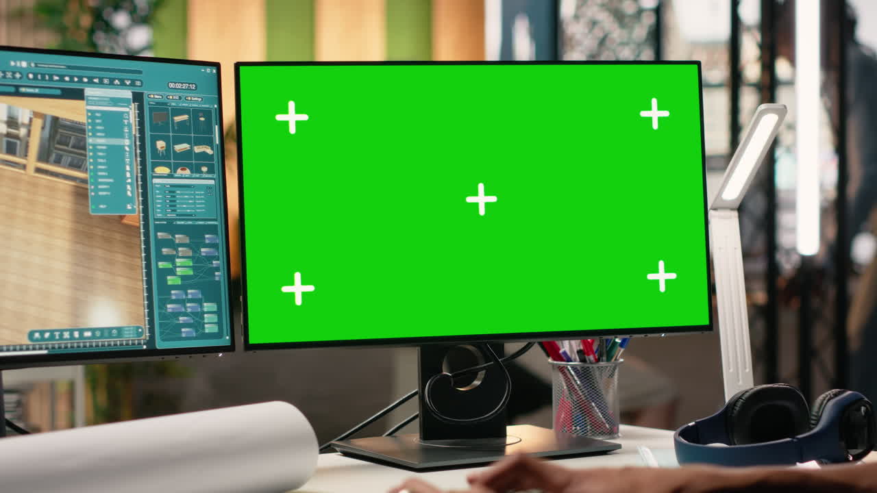 Workspace with green screen monitors
