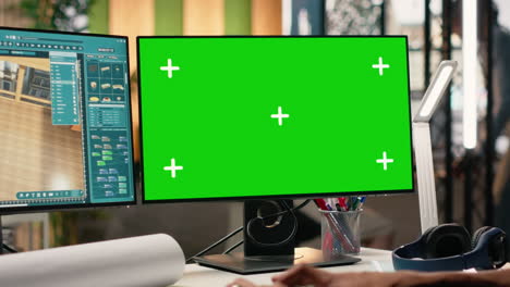 workspace with green screen monitors
