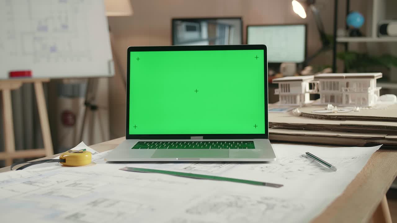 Close Up Of Green Screen Laptop Is On The Table At The Architectural Office