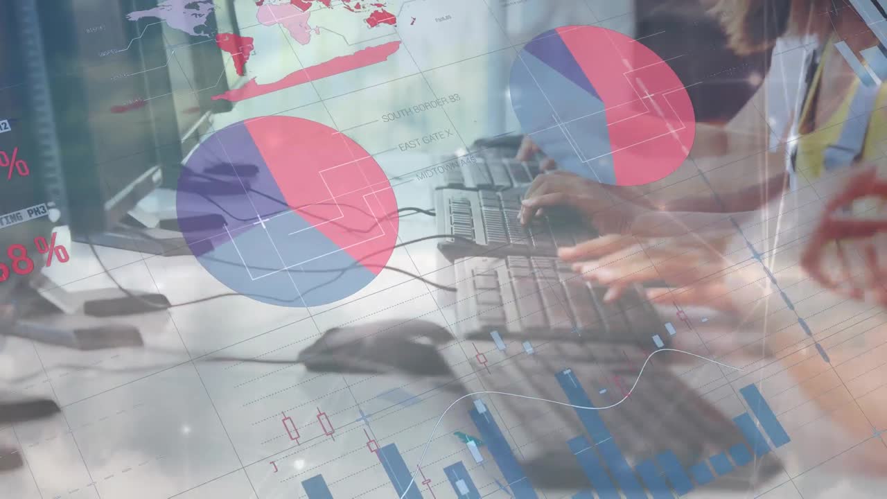 animación del procesamiento de datos financieros sobre diversas personas que utilizan computadoras