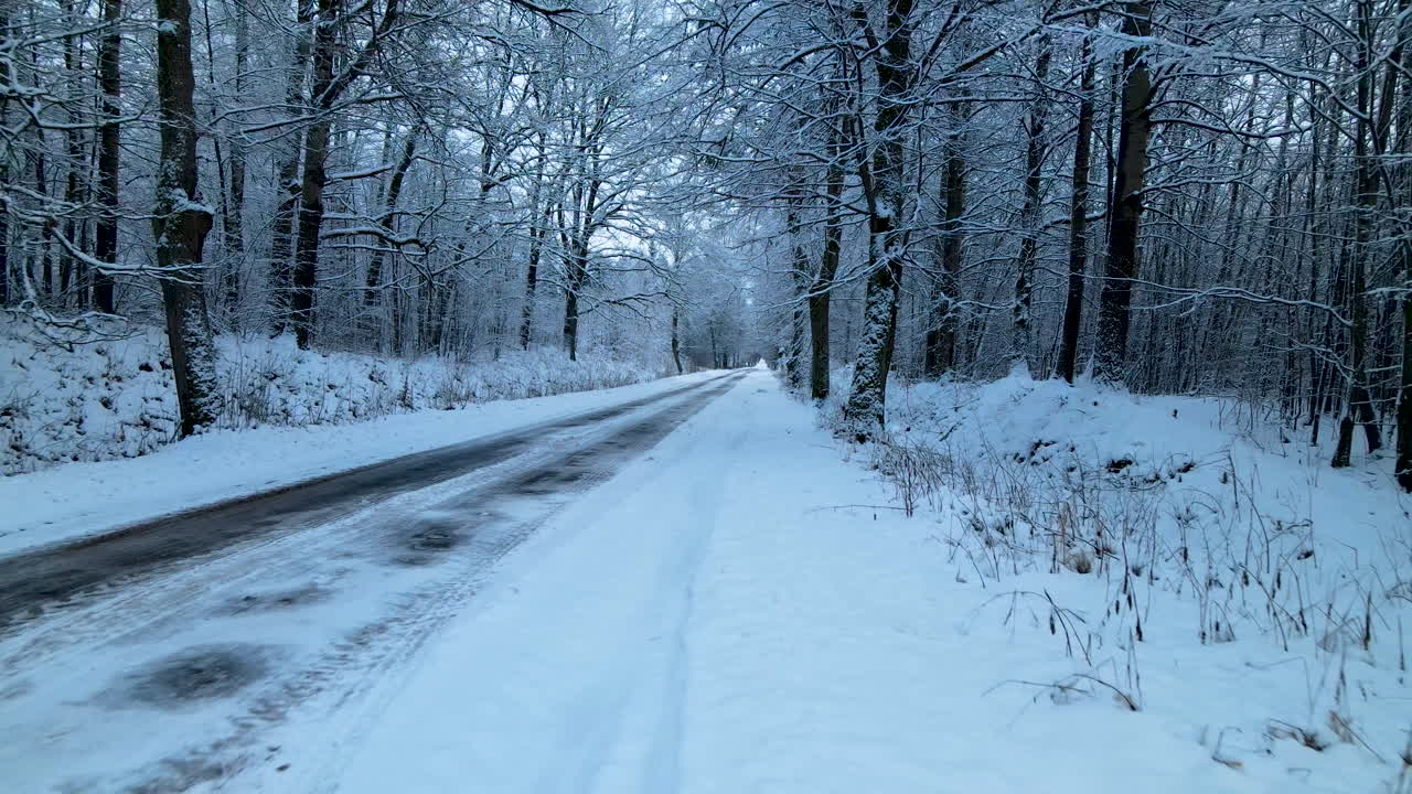눈 덮인 얼음 덮인 시골 숲길을 따라 날아가는 낮은 각도의 드론, 측면에 거대한 눈 더미