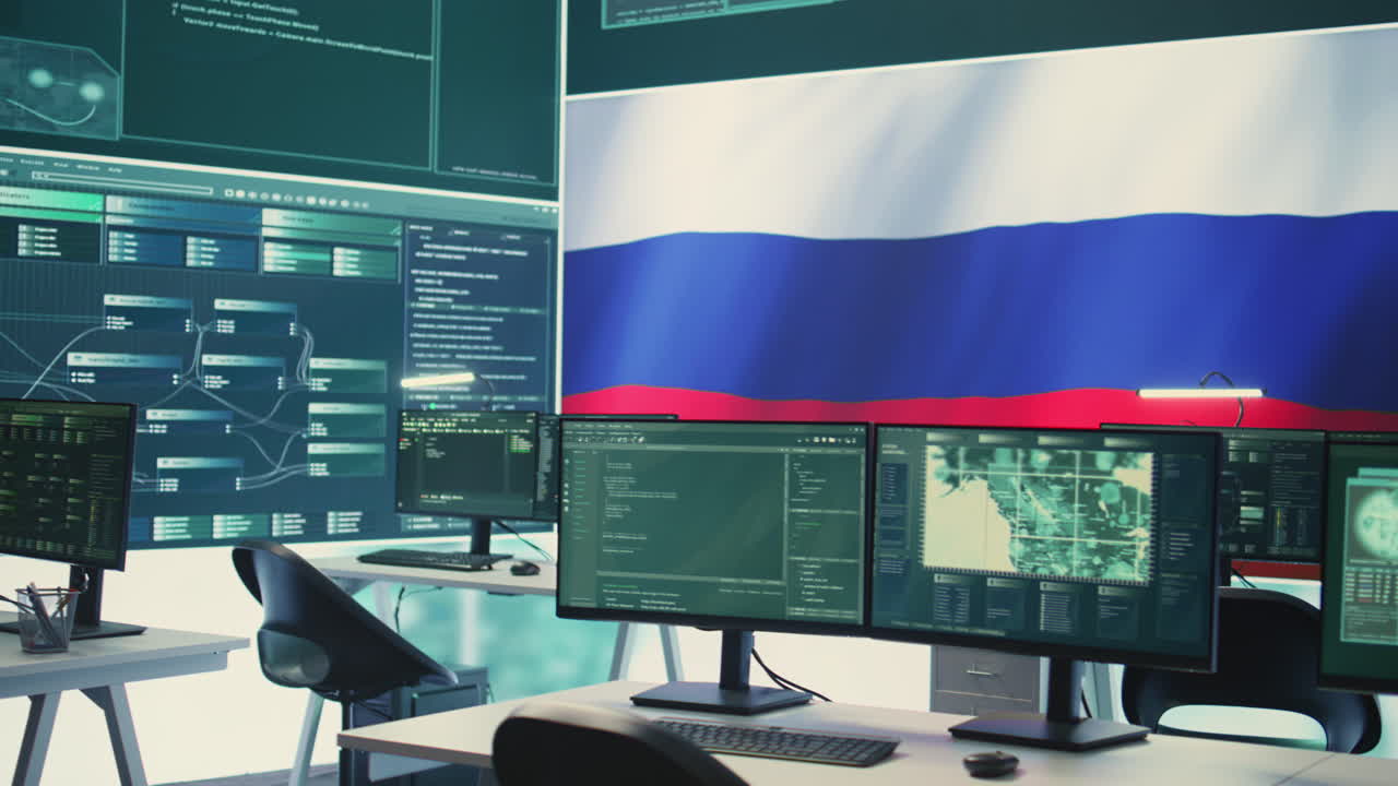 Empty autocracy cyber defense room with Russian flag running on big screen
