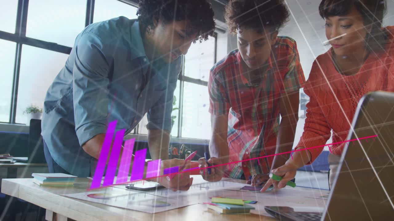 Team marking charts near phone, sparking purple 3D bar graph growing across while showing marketing