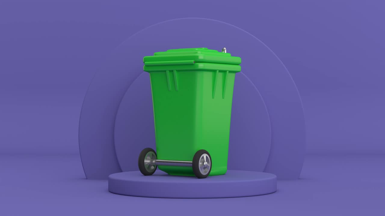 video de resolución 4k: contenedor de basura de reciclaje verde girando sobre cilindros muy peri violeta productos pedestal de escenario en un bucle de fondo violeta muy peri
