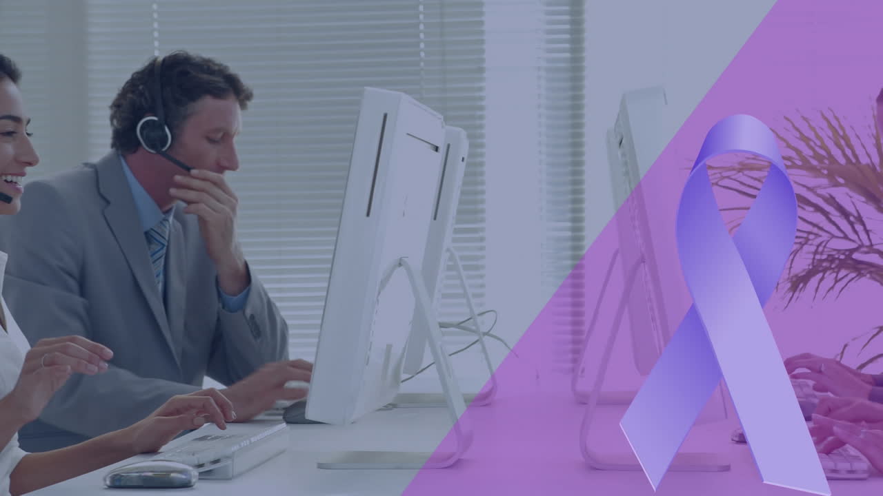 사무실에서 일하는 다양한 여성과 남성 컨설턴트에 대한 보라색 리본의 애니메이션