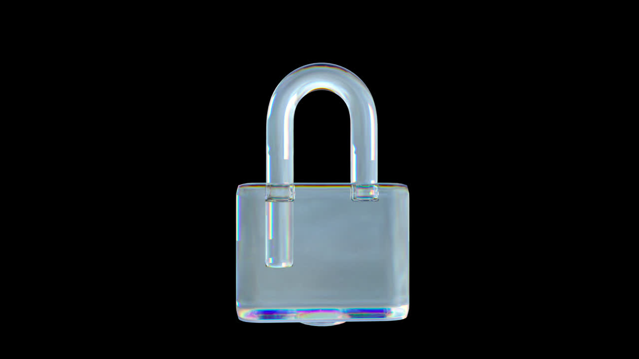 Transparent Glass Padlock Locking and Securing on Black Background