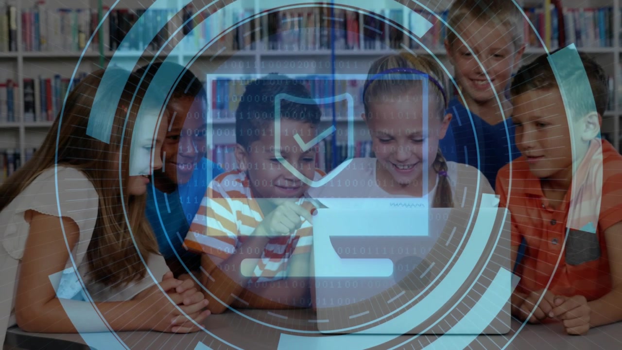 Six pupils leaning laptop child pointing starting rings HUD pulsing shield framing group for school