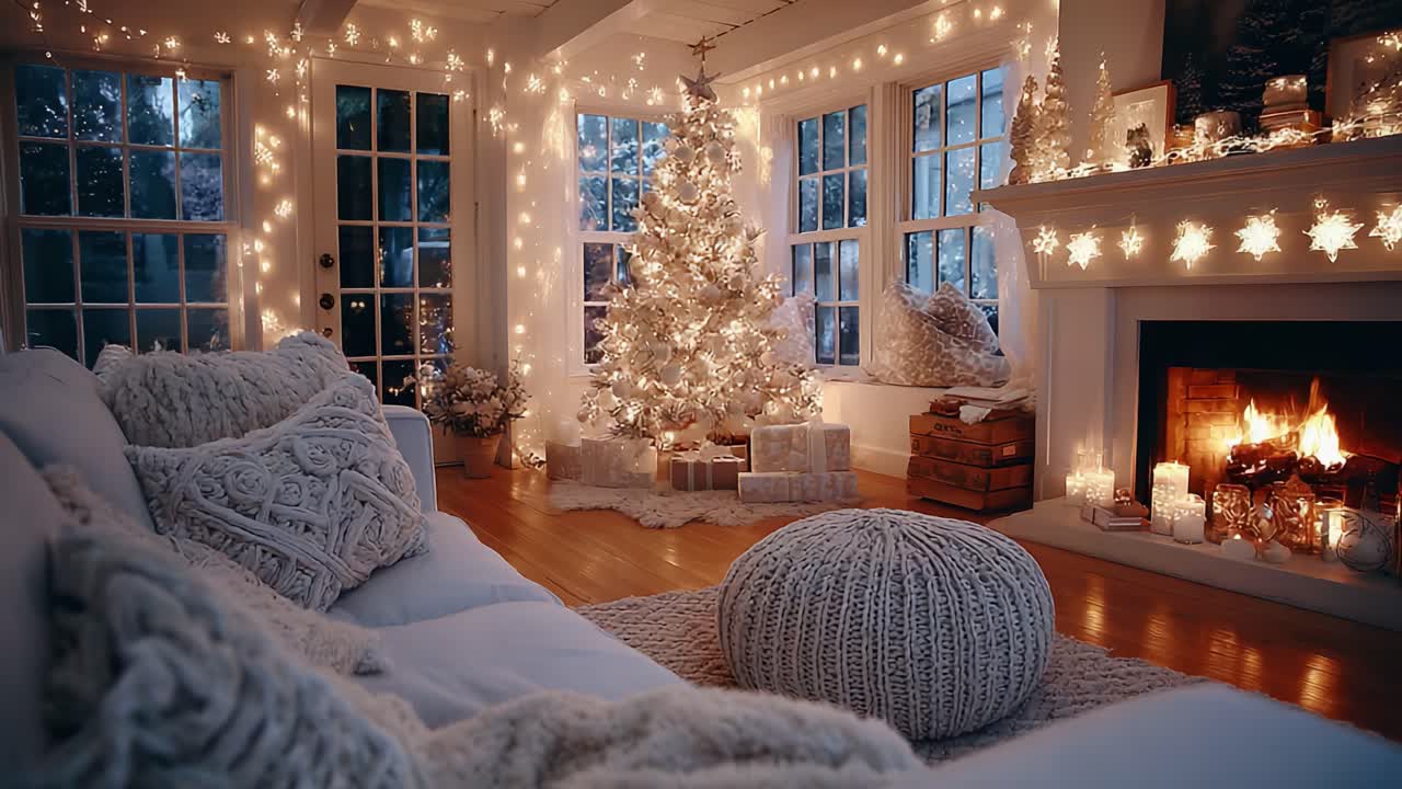 Cozy Holiday Living Room with a Beautifully Decorated Christmas Tree, Soft Lighting, and a Warm Fireplace Creating a Festive Atmosphere for Winter Celebrations