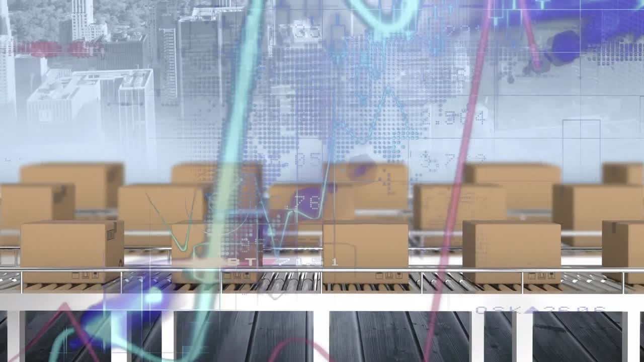 анимация обработки статистики над картонными коробками на конвейерных лентах