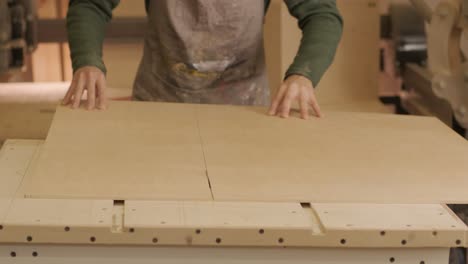 woodworker cuts wooden plank, plywood panel, wood raw in the workshop using cutting machine