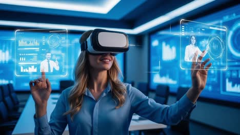 exploring virtual reality: a business professional engaged with digital interfaces and data analytics through high-tech vr technology in a modern office environment