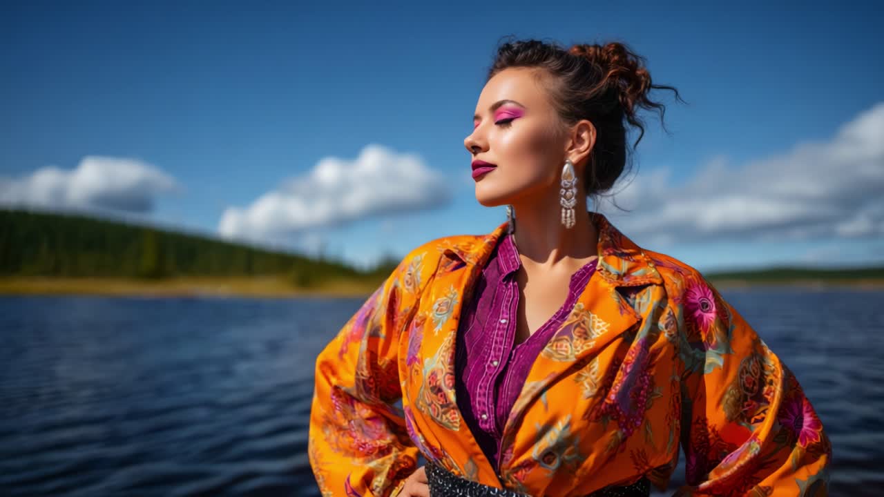 Una donna dinamica posa con sicurezza vicino a uno specchio d'acqua panoramico, mettendo in mostra il suo outfit colorato su uno sfondo di cielo blu intenso e nuvole soffici