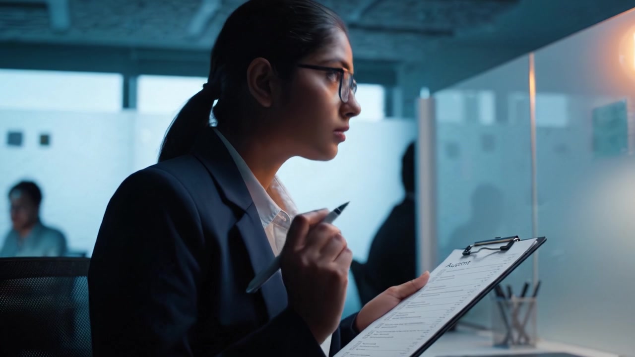 Professionnel concentré examinant des documents dans un environnement de bureau moderne avec un éclairage doux et des références à la dynamique d'un espace de travail collaboratif