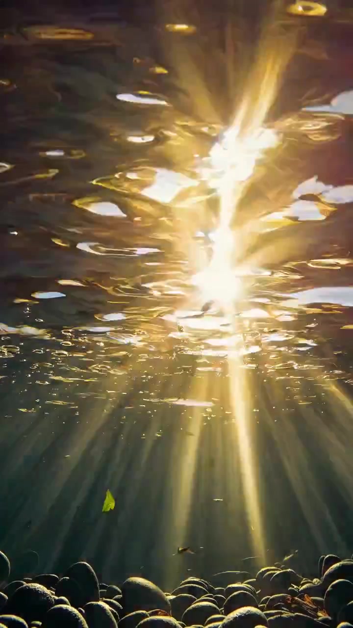 Golden Sunlight Rays Shimmering Through Clear Underwater Surface