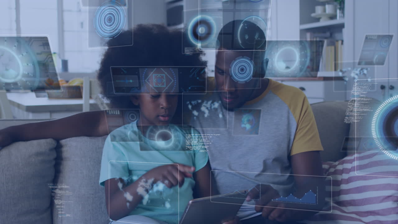 Animation of data processing over african american father and son using tablet on the couch at home