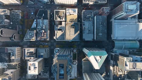 aerial directly above one union square toward pacific place and westlake tower