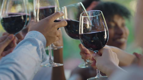 beautiful african american woman drinking wine making toast with friends celebrating on vacation group of people relaxing outdoors 4k