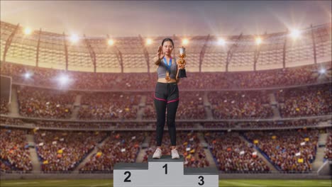 cuerpo lleno de mujer asiática con una medalla de oro y trofeo desaprobando sin señal de mano y sonriendo a la cámara en el estadio