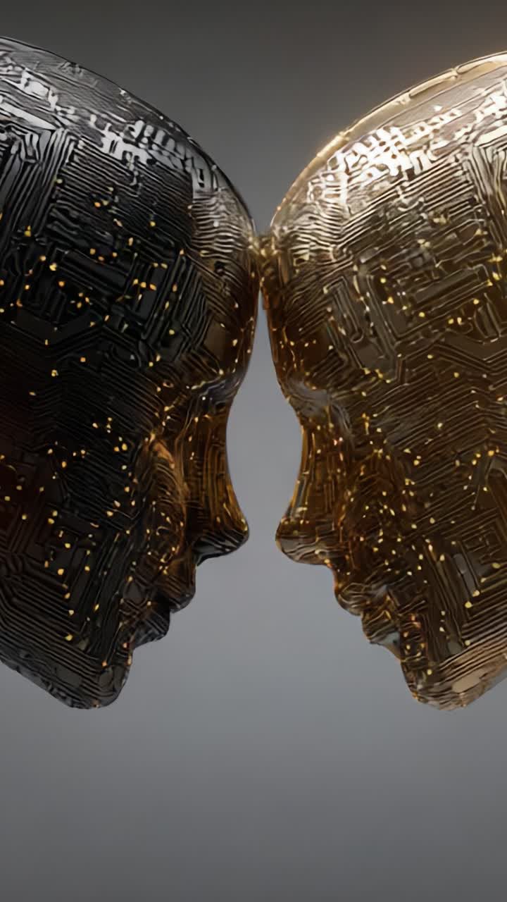 A Fascinating Encounter: Two Intricate Sculptures Merging Technology and Human Form, Showcasing the Union of Nature and Artificial Intelligence in a Captivating Display
